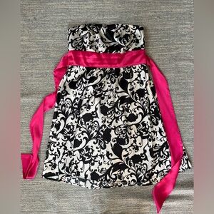 Y2K Strapless Forever 21 Satin Black and White Patterned Mini Dress Pink Sash